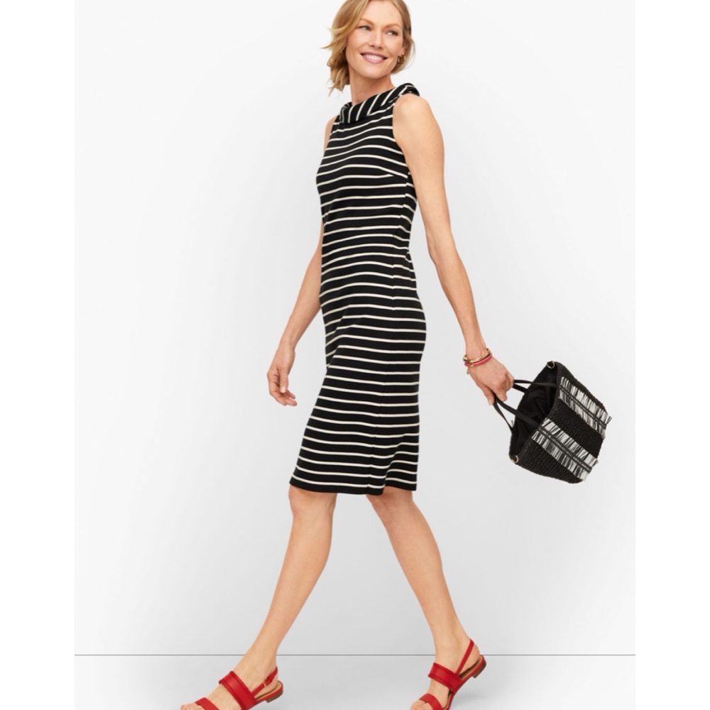 Talbots Black and White Stripped Cotton Knit Sleevless Mockneck Shift Dress